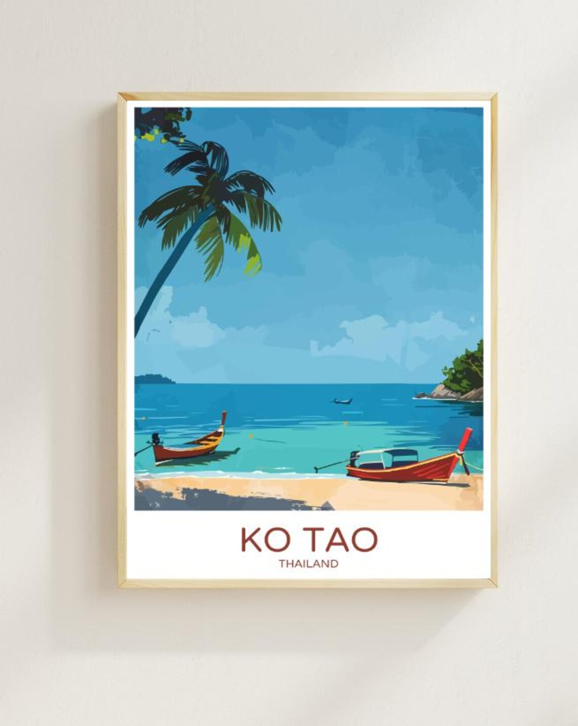 Ko Tao Thailand Tropical Beach Longtail Boats Palm Tree Poster