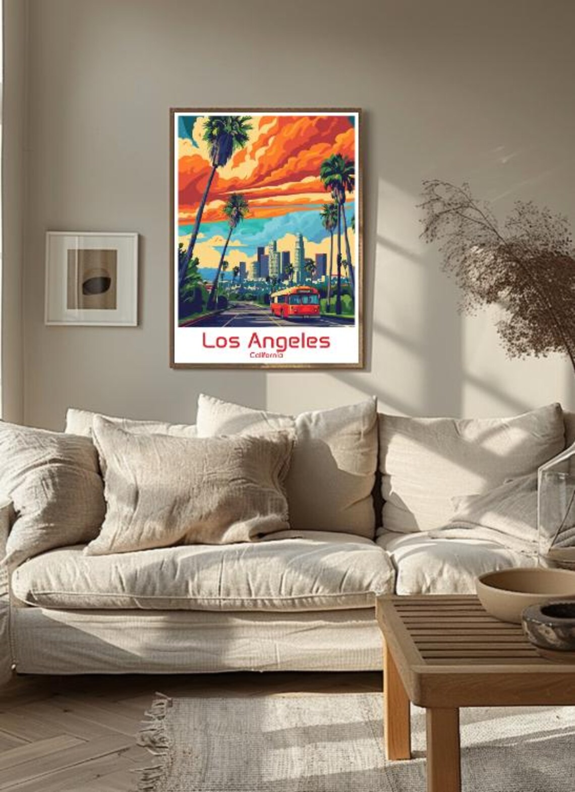Los Angeles California Downtown Skyline Palms And Red Bus Poster - Image 3
