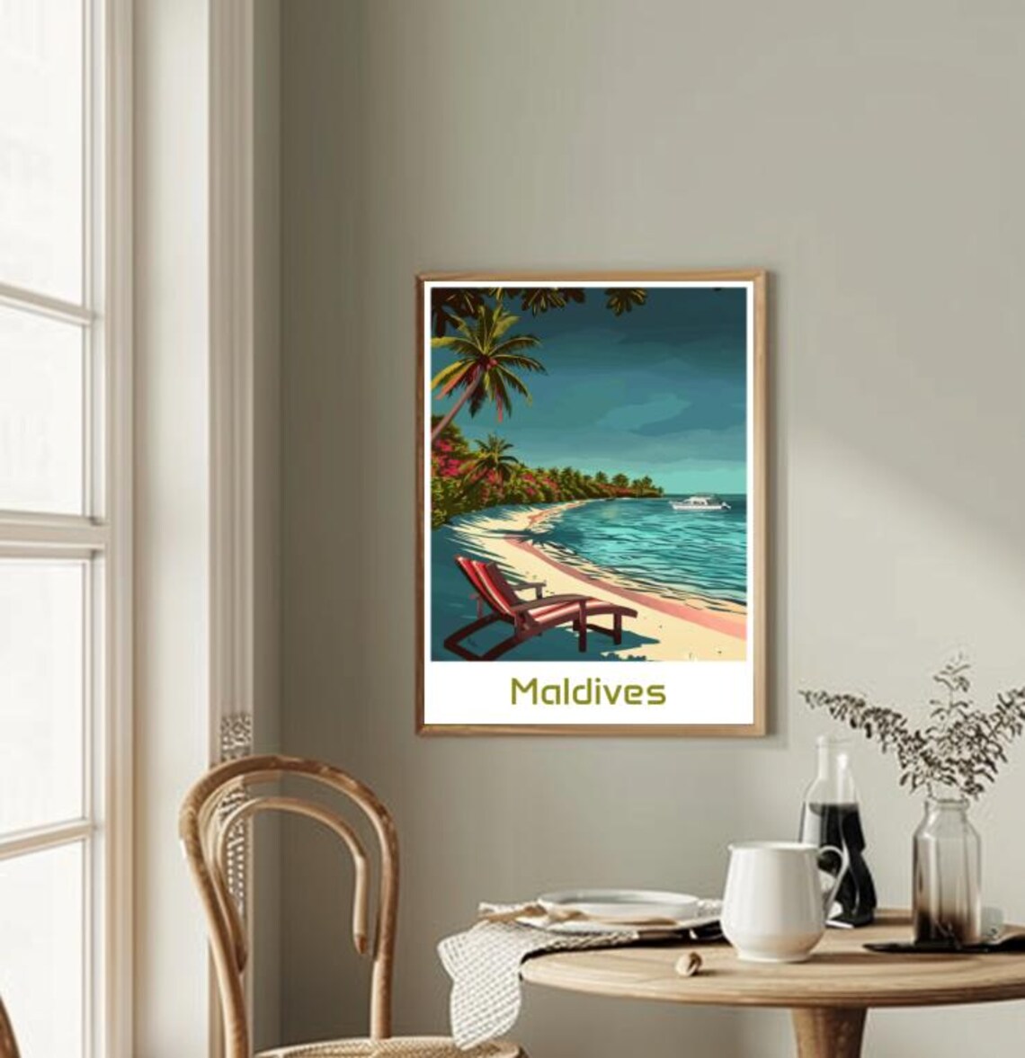 Maldives Tropical Beach Lounger Boat Ocean Vintage Travel Poster - Image 2