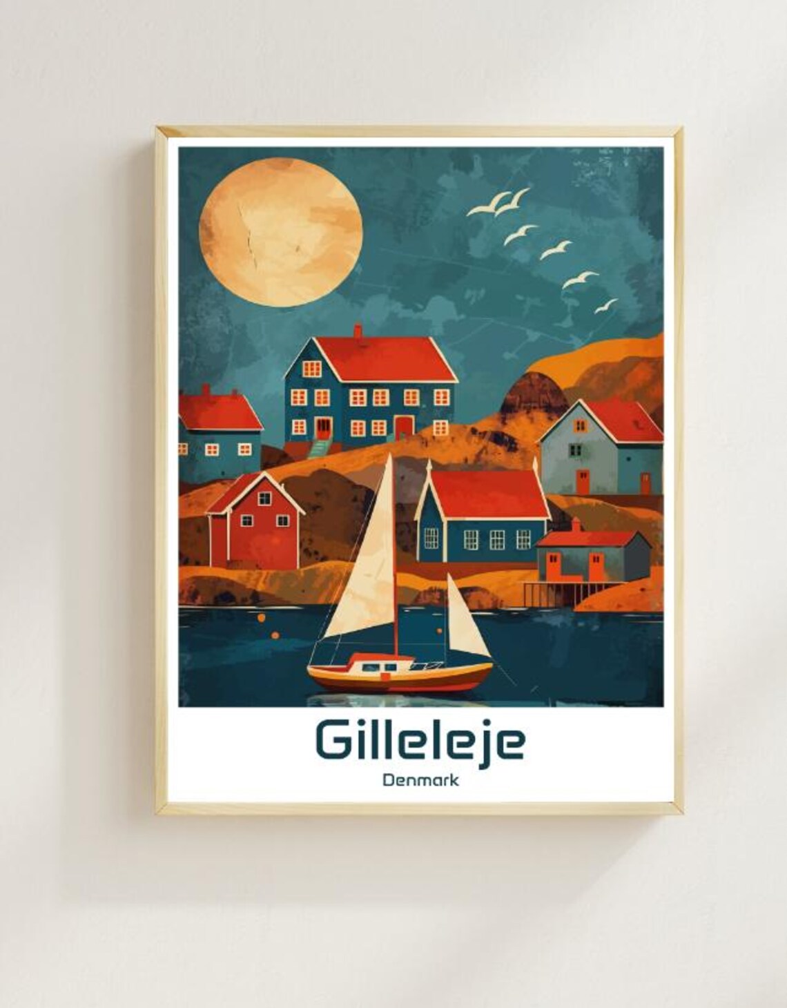 Gilleleje Denmark Moonlit Fishing Village Sailboat Night Poster