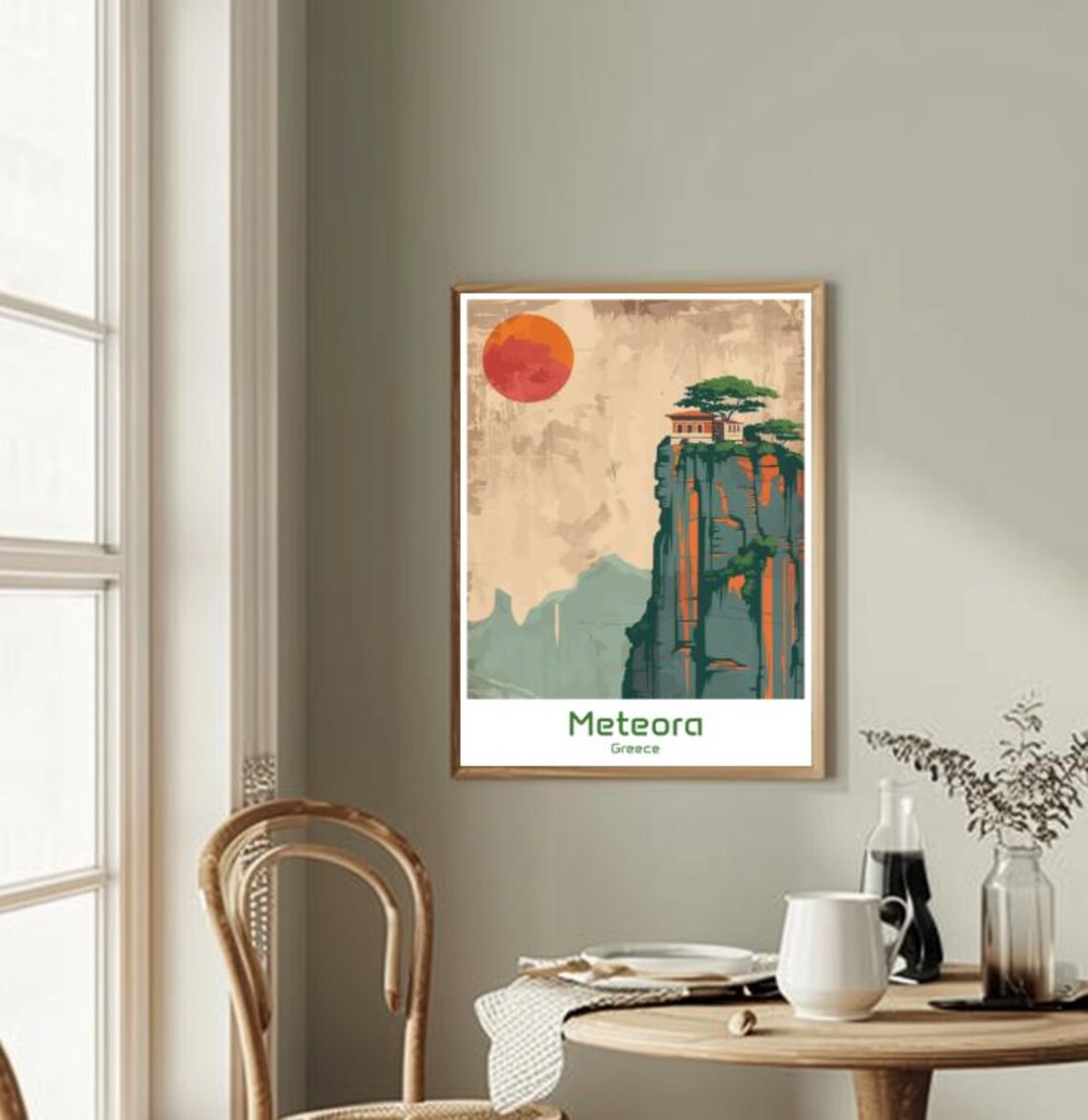 Meteora Greece Cliffside Monastery Red Sun Minimalist Poster - Image 2