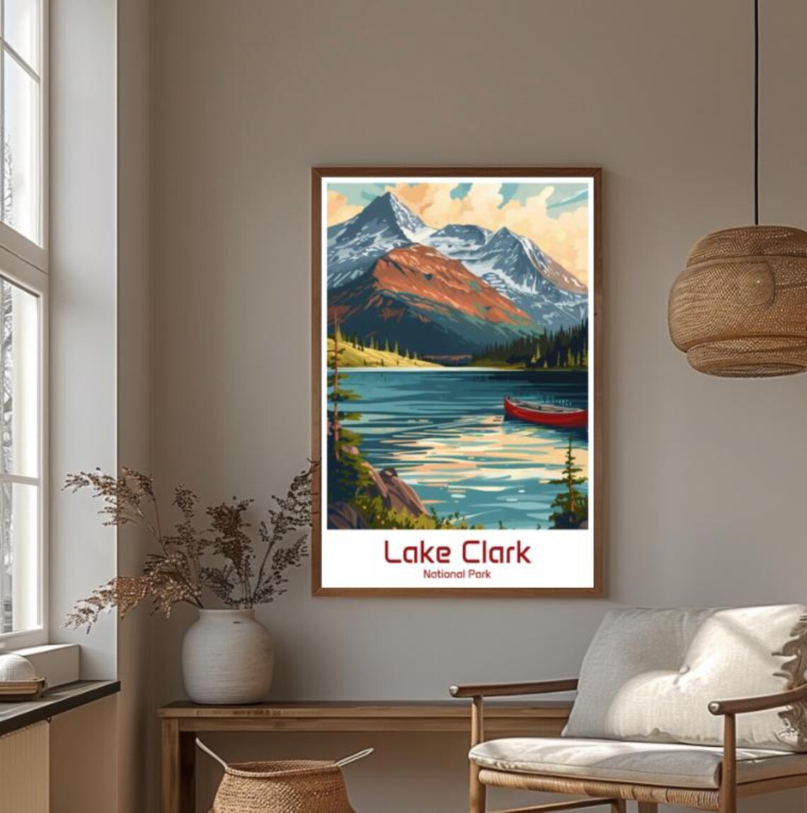 Lake Clark National Park Red Canoe Alpine Lake Scenic Poster - Image 4