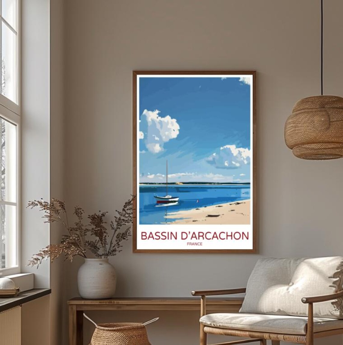 Bassin d'Arcachon France Sailboat Sandy Shore Colorful Art Poster - Image 4