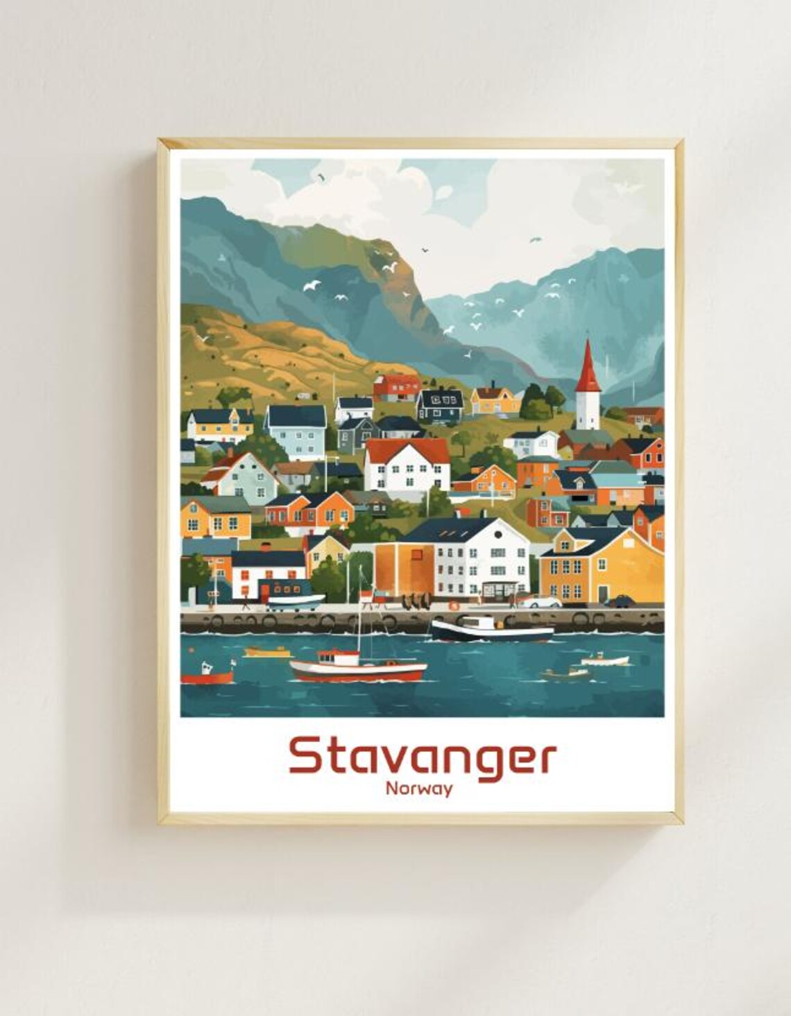 Stavanger Norway Harbor Town Boats Colorful Houses Fjord Travel Poster