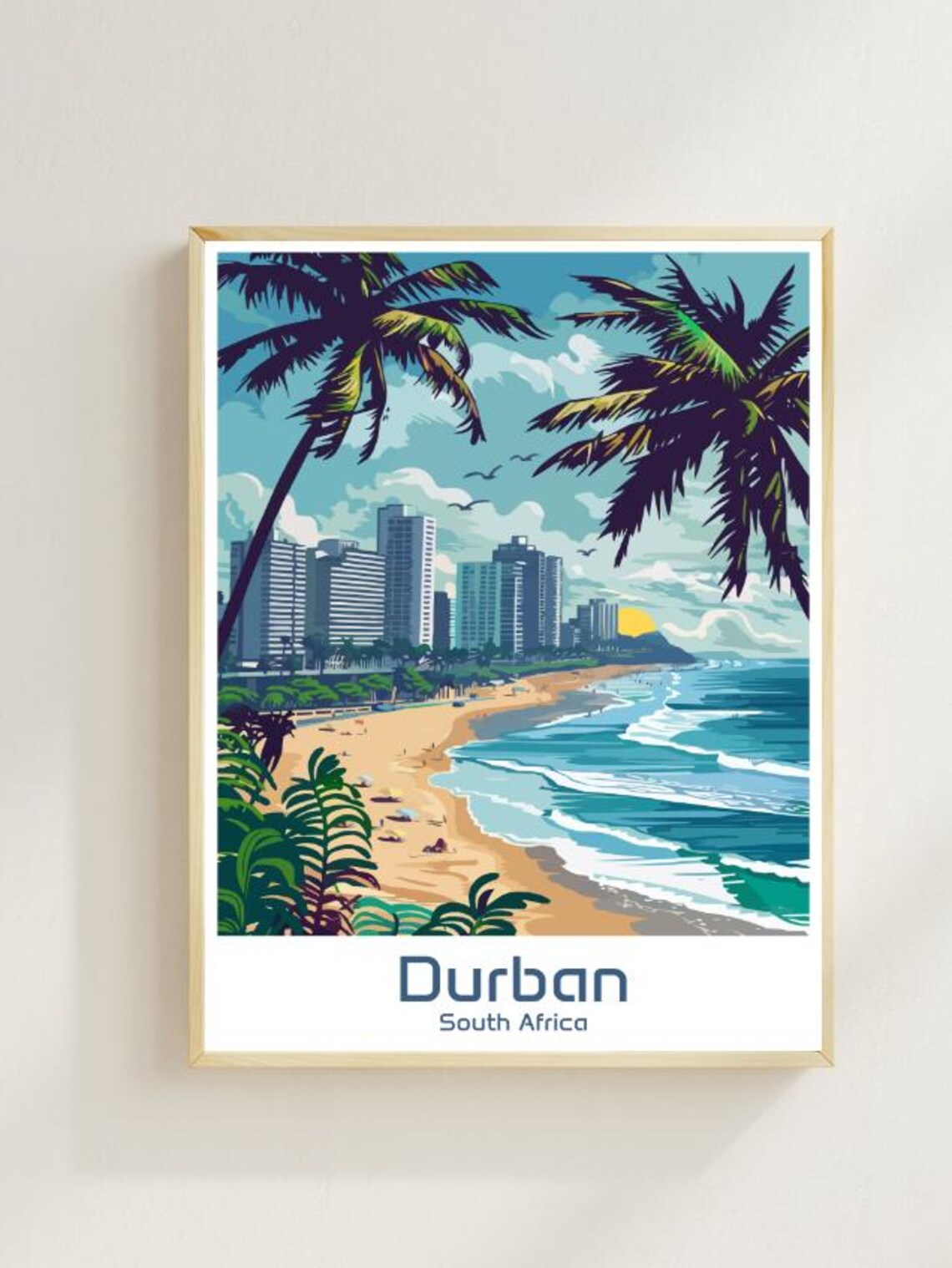 Durban South Africa Beachfront Skyline Palms Golden Sun Poster