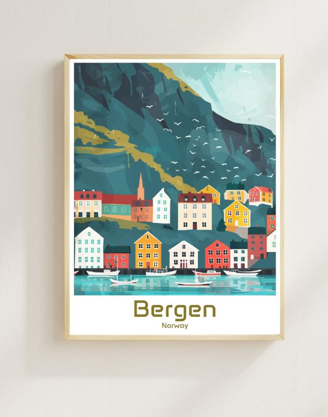 Bergen Norway Bryggen Colorful Waterfront Harbor Gulls Poster