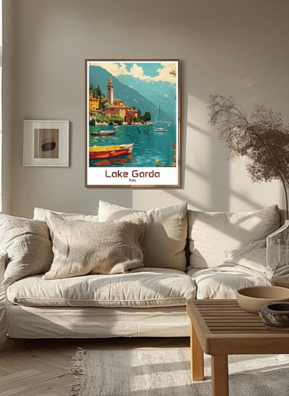 Lake Garda Italy Village Bell Tower Boats Lake Travel Poster - Image 3