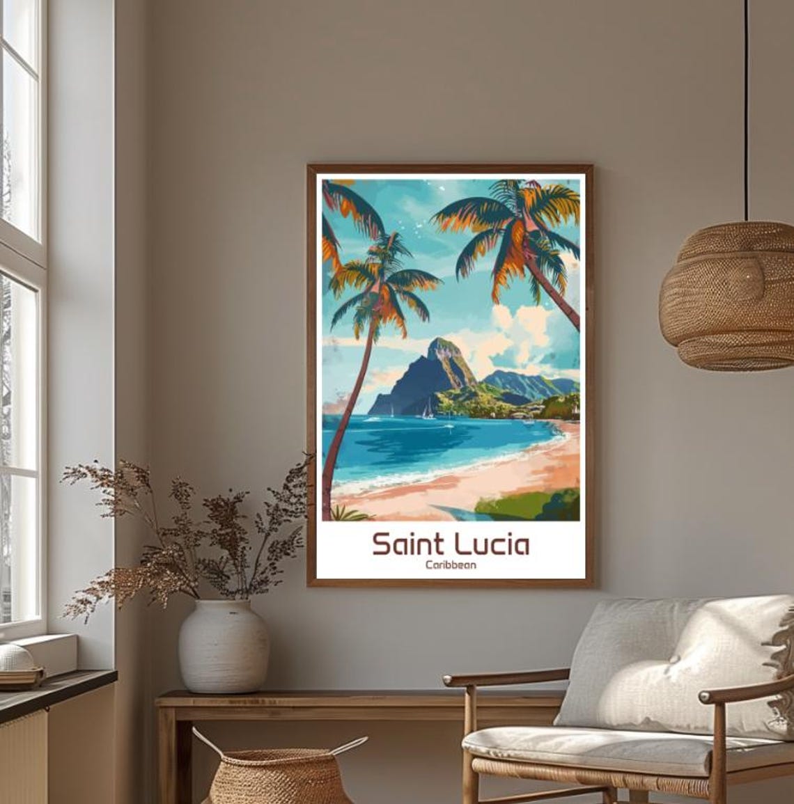 Tropical Saint Lucia Caribbean Piton Peak Beach Palms Poster - Image 4