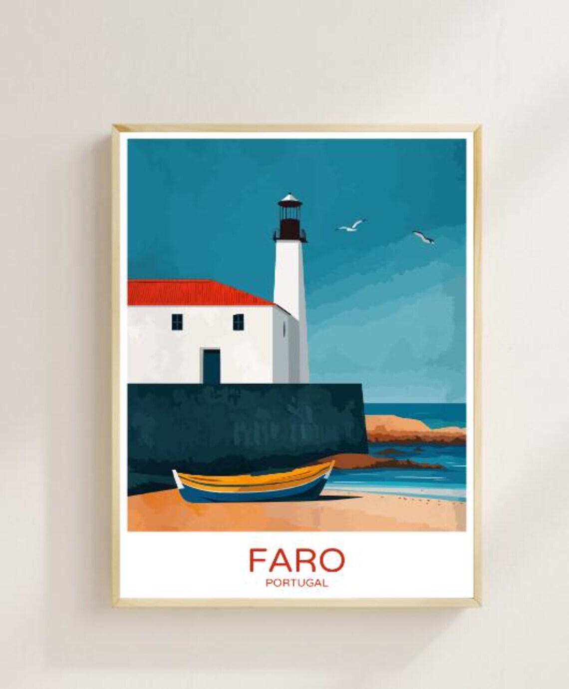 Faro Portugal Sandy Beach Lighthouse Boat Algarve Travel Poster