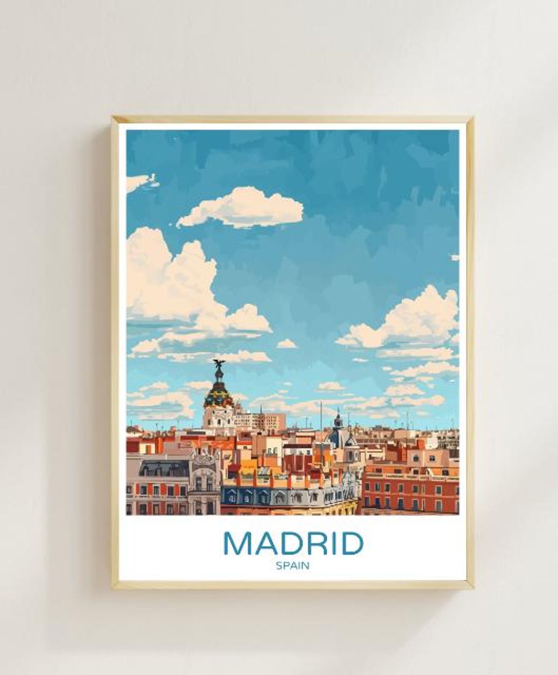 Madrid Spain Rooftop Panorama With Ornate Dome Blue Sky Travel Poster