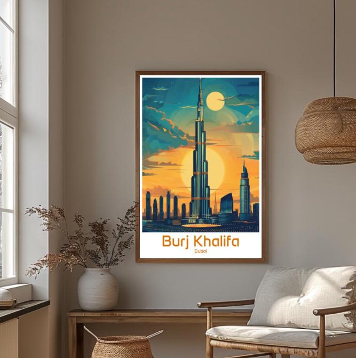 Burj Khalifa Dubai Sunset Moon Skyline Skyscraper View Poster - Image 4