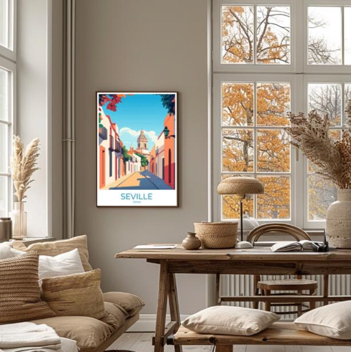 Seville Spain Travel Poster Sunlit Street And Church Tower View - Image 4