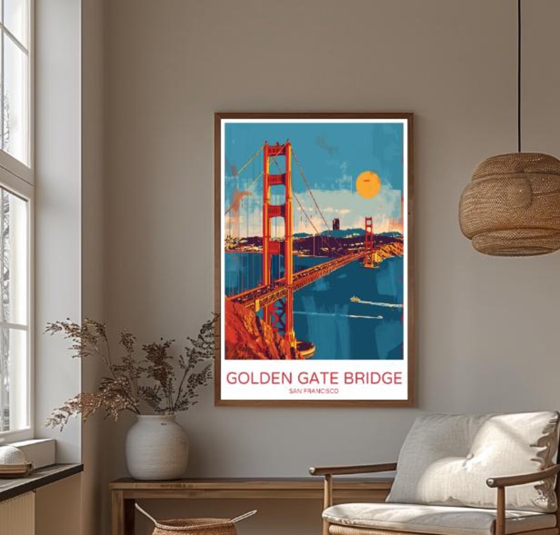Orange Golden Gate Bridge San Francisco Sunset Boats Travel Poster - Image 3