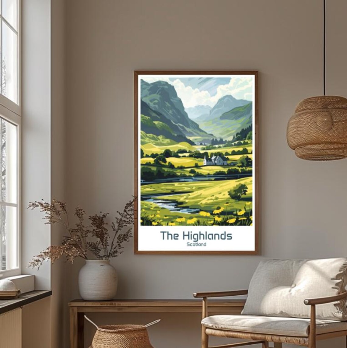 Scottish Highlands Green Valley River and White Cottage Poster - Image 4
