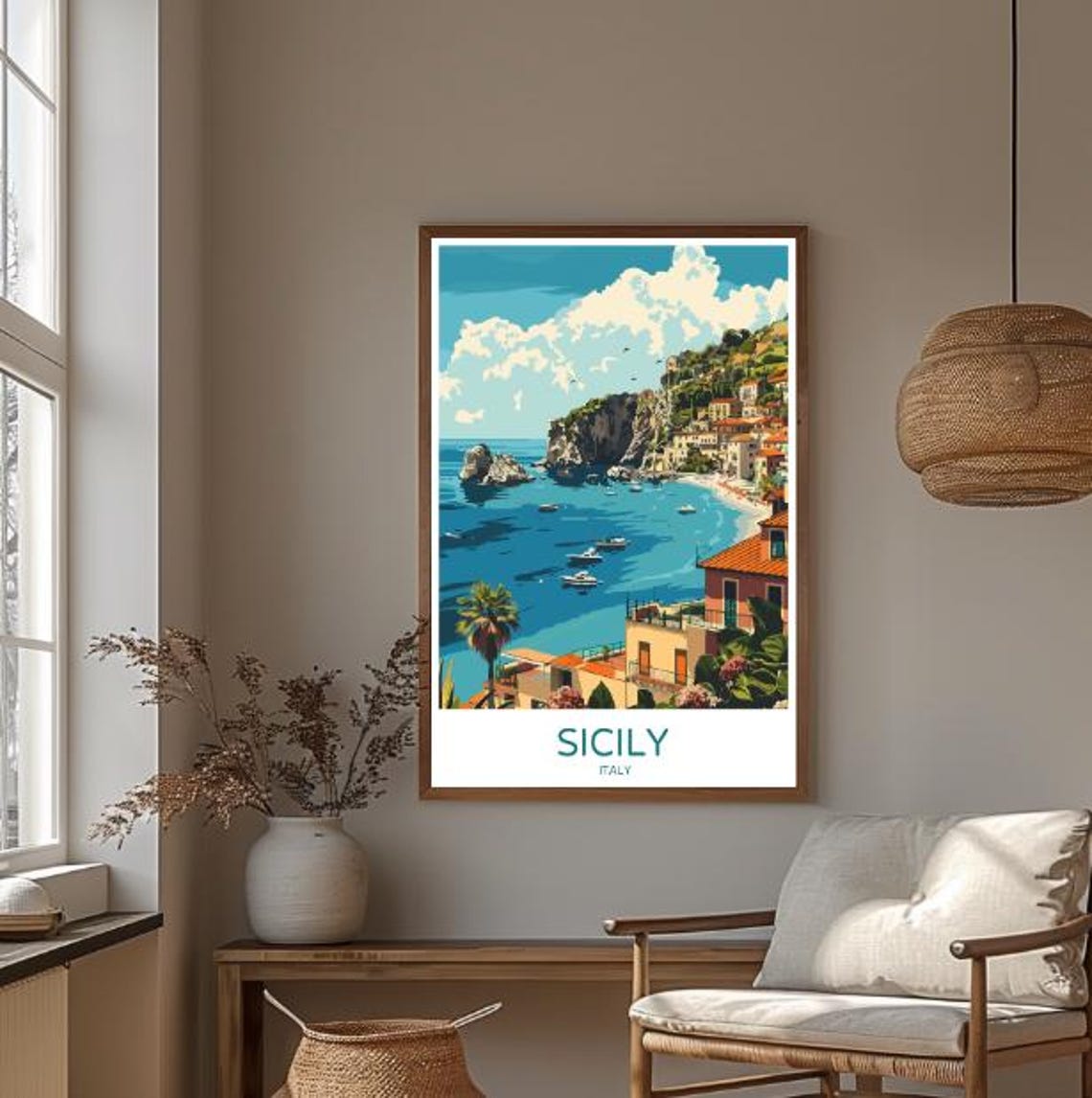 Sicily Italy Coastal Town Cliffs and Anchored Boats Scene Poster - Image 3