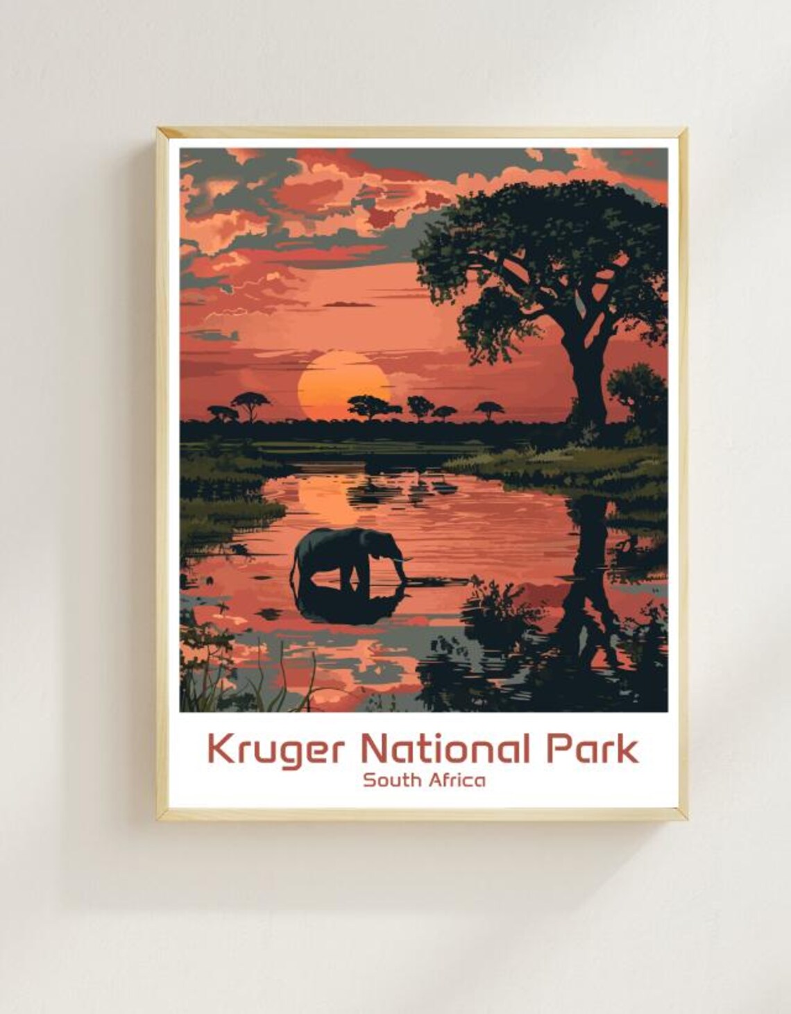 Kruger National Park South Africa Elephant Sunset Safari Travel Poster