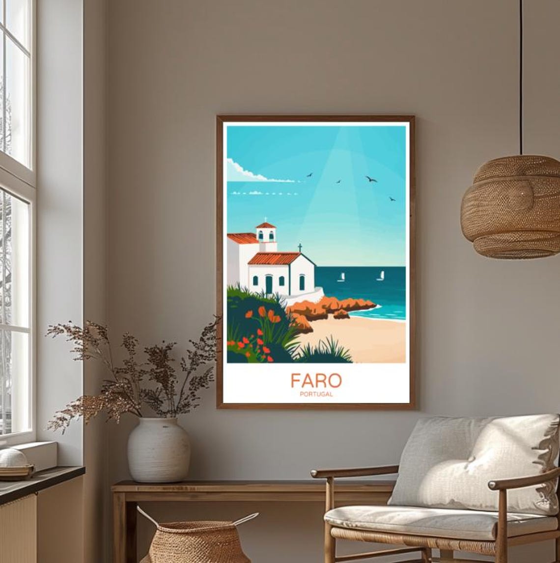 Faro Portugal Whitewashed Seaside Chapel by the Sea Travel Poster - Image 3