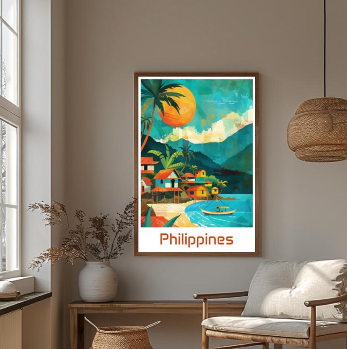 Philippines Tropical Beach Village Sunset Vintage Travel Poster - Image 4
