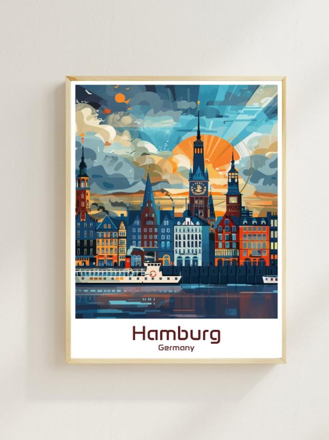 Hamburg Germany Harbor Skyline Dusk Clock Towers Ferry Poster