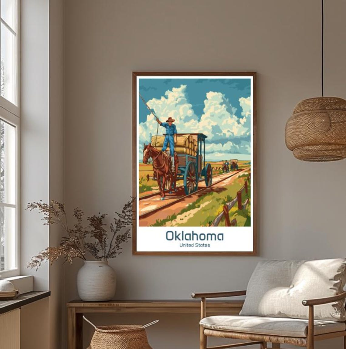 Oklahoma Horse Drawn Hay Wagon on Golden Prairie Sunset Poster - Image 4