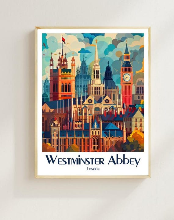 Westminster Abbey London Travel Poster Historic Landmark Wall Art Gothic Architecture Print Uk Decor British Travel Gift
