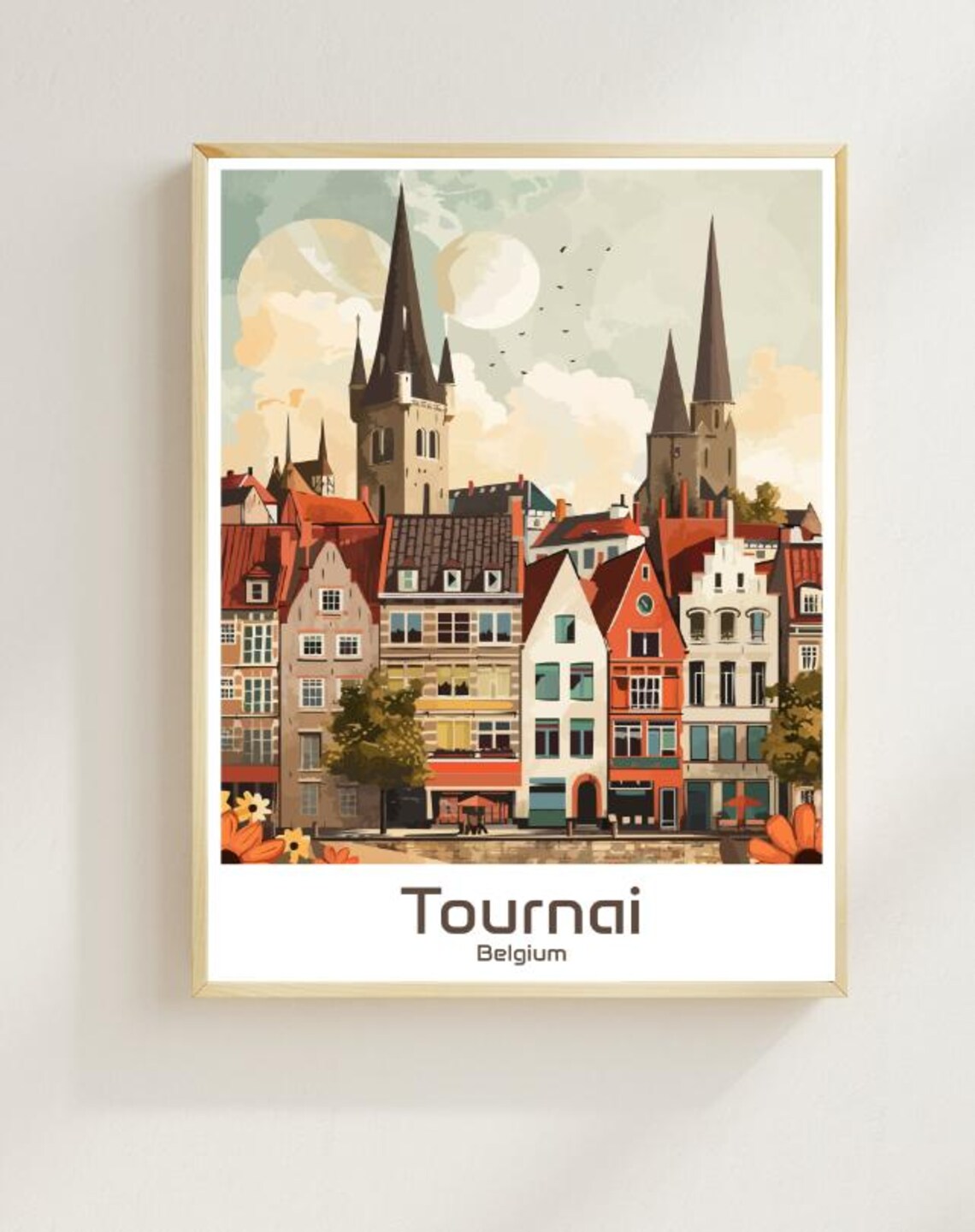 Tournai Travel Poster Belgium Cityscape Wall Art Historic Cathedral Print Tournai Belfry Decor European Artwork For Home