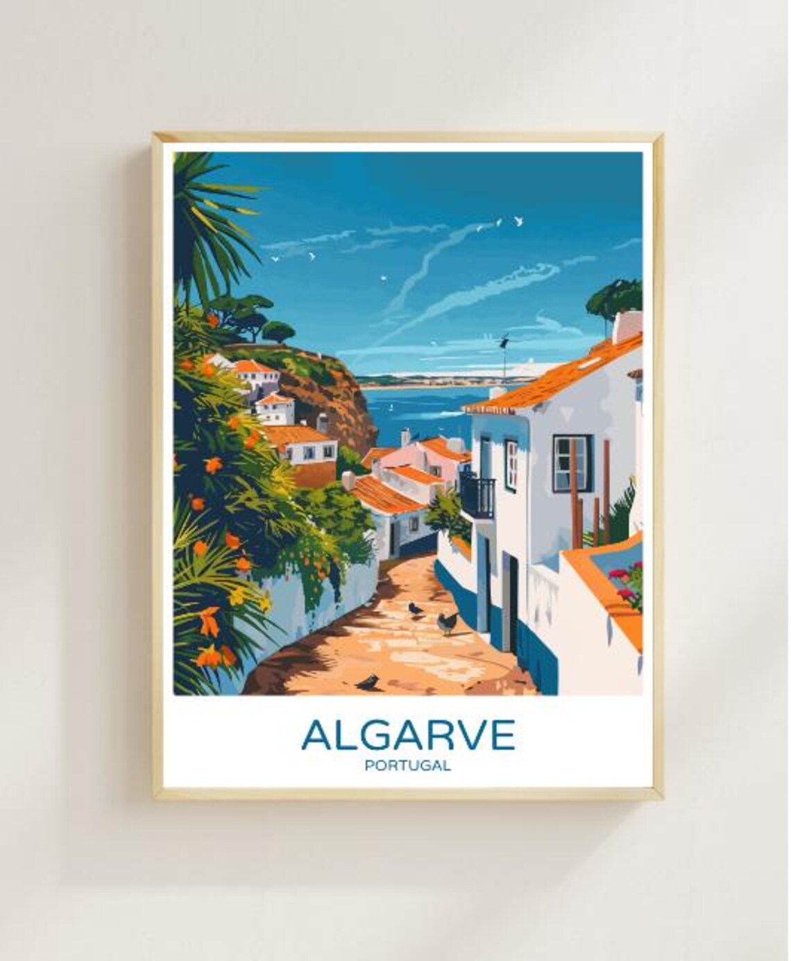Algarve Portugal White Village Lane Ocean View Coastal Street Poster