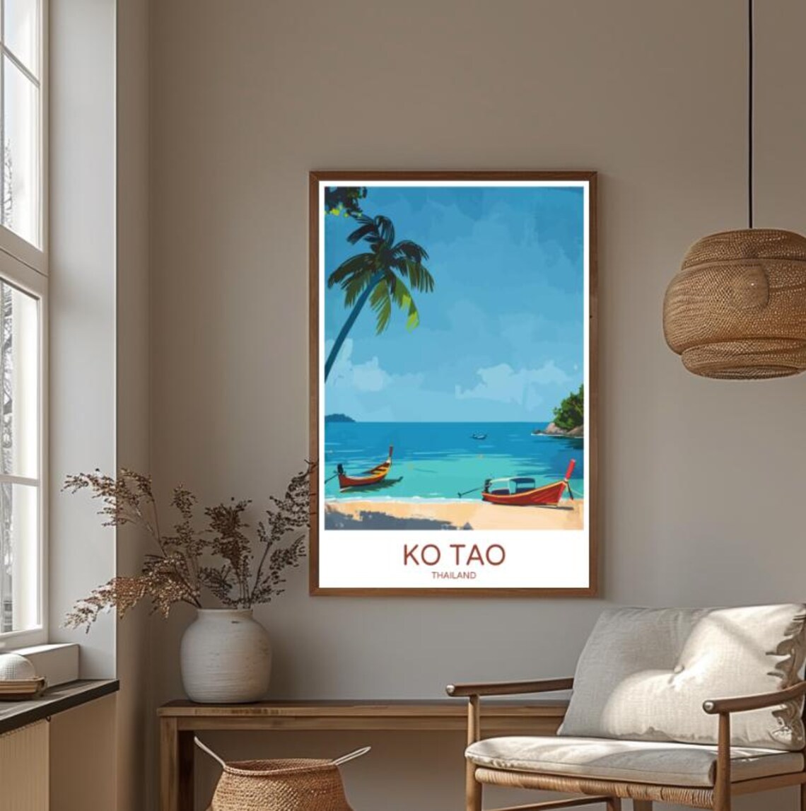 Ko Tao Thailand Tropical Beach Longtail Boats Palm Tree Poster - Image 4