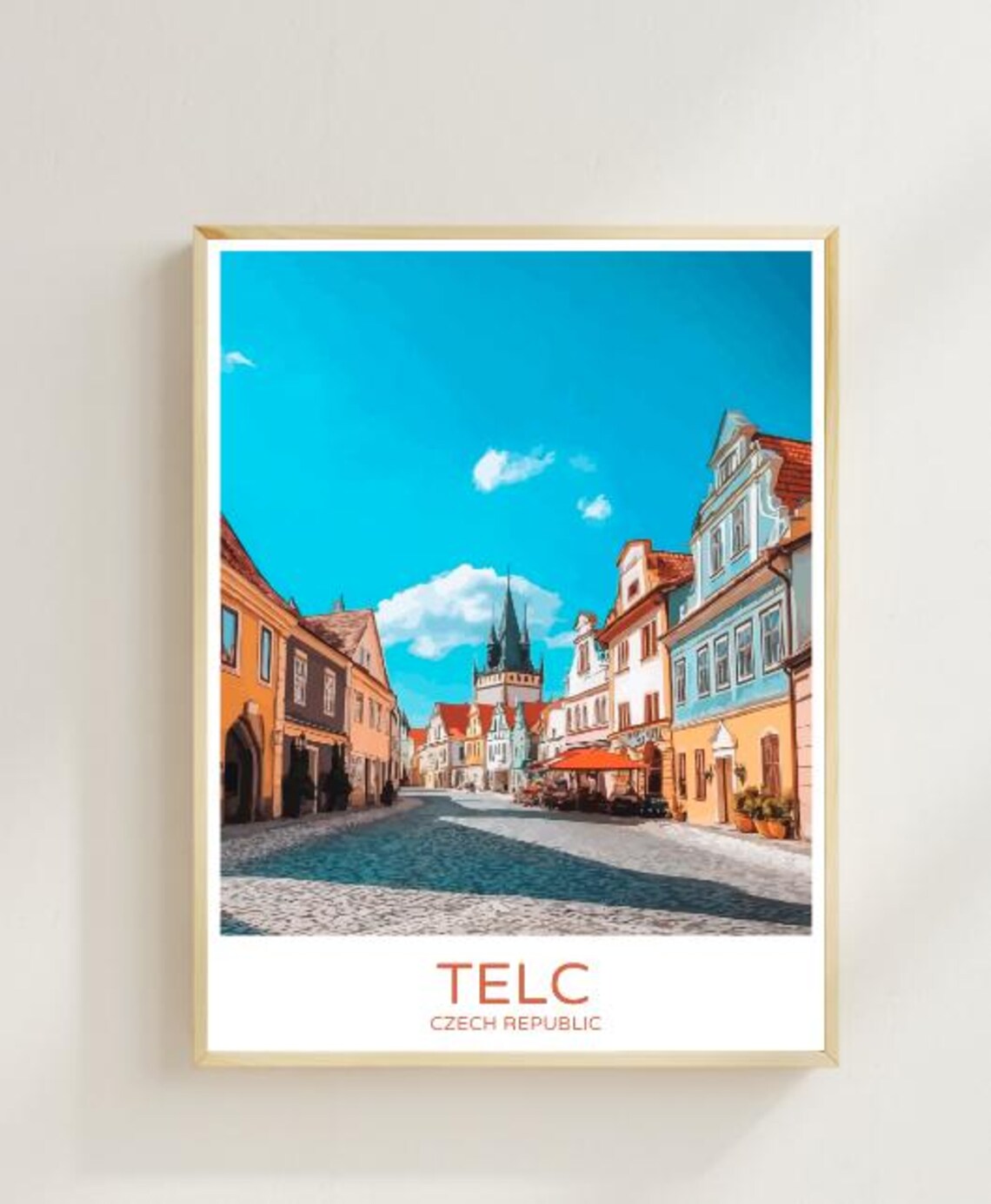 Telc Czech Republic Fairytale Square Cobblestone Vintage Travel Poster
