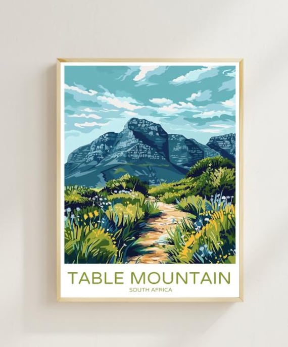 Table Mountain South Africa Travel Poster Iconic Cape Town Wall Art Majestic Mountain Landscape Print African Nature Decor Travel Gift