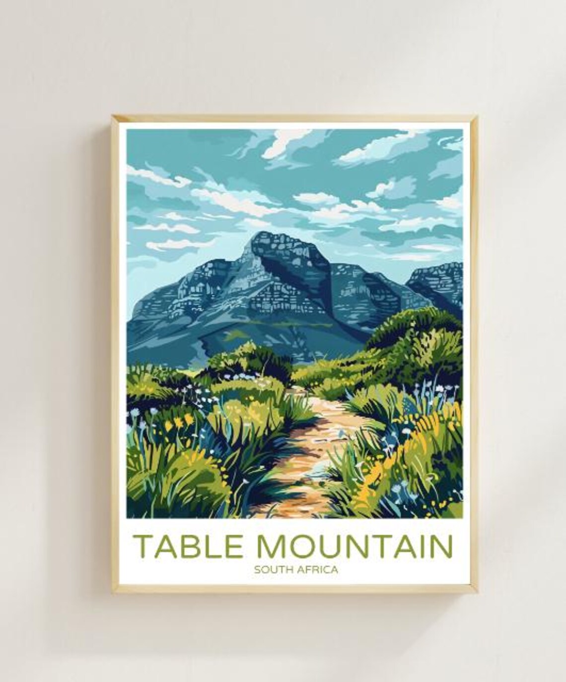 Table Mountain South Africa Hiking Trail Floral Travel Poster