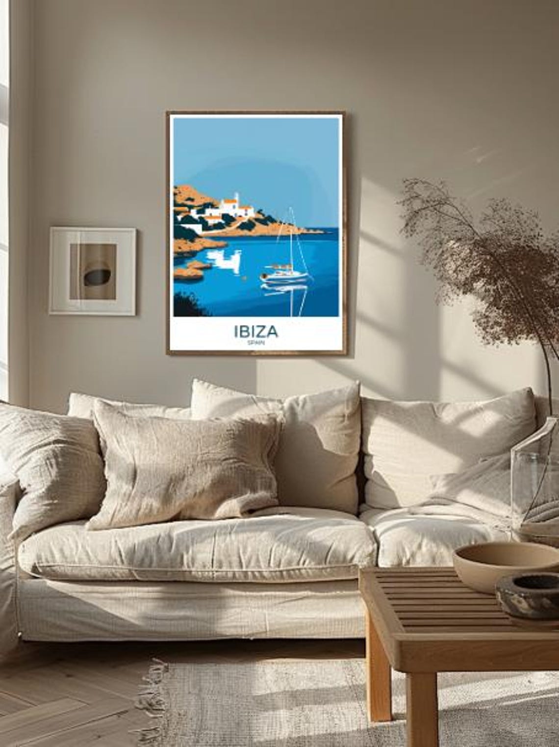 Ibiza Spain Whitewashed Chapel Cove Sailboat Retro Travel Poster - Image 3