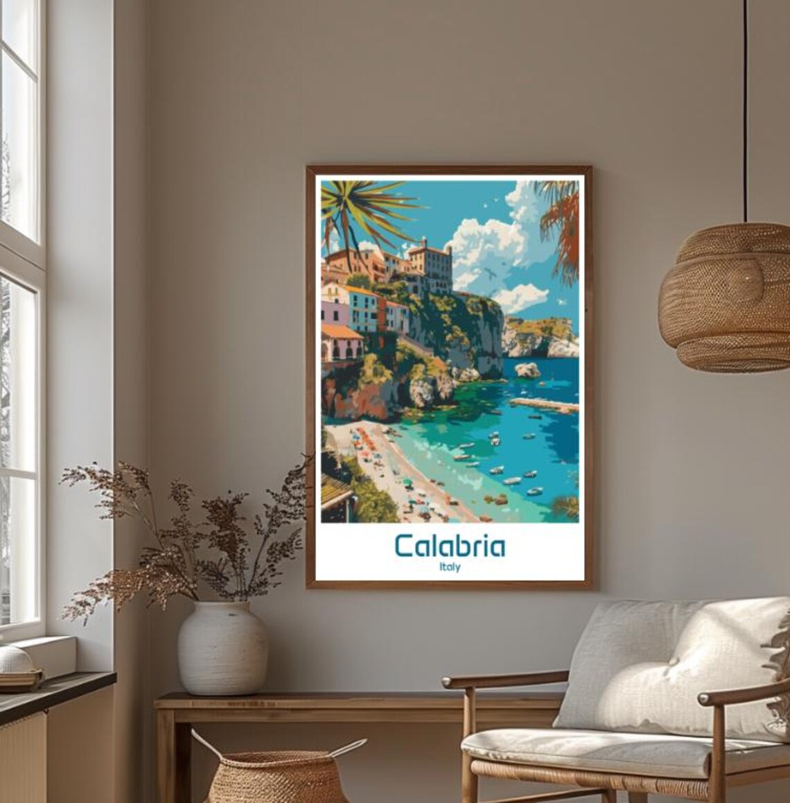 Stunning Calabria Italy Cliff Town Turquoise Cove Boats Poster - Image 4