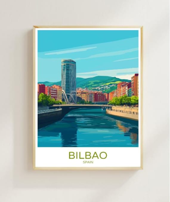 Bilbao Spain Modern Travel Poster With River And City Skyline Art