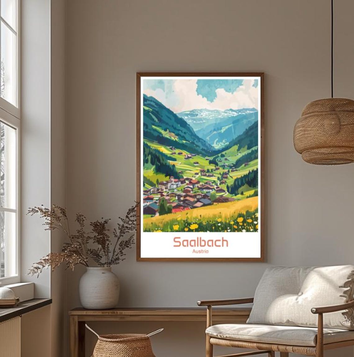 Saalbach Austria Alpine Valley Summer Village Meadow Scene Art Poster - Image 4