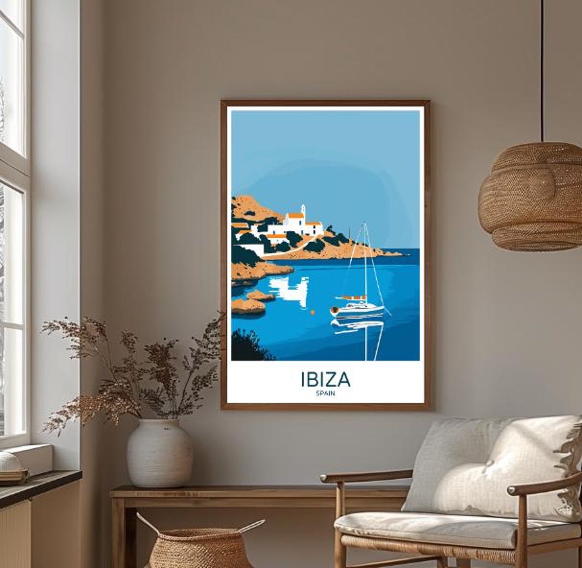 Ibiza Spain Whitewashed Chapel Cove Sailboat Retro Travel Poster - Image 4