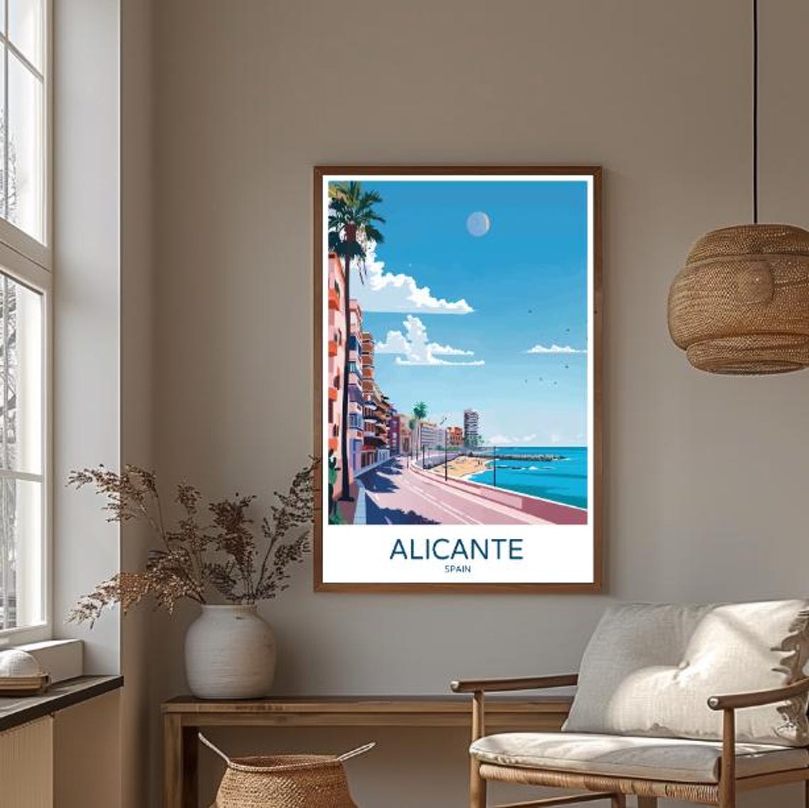 Alicante Spain Sunny Seafront Promenade Palms Beach Scene Poster - Image 3