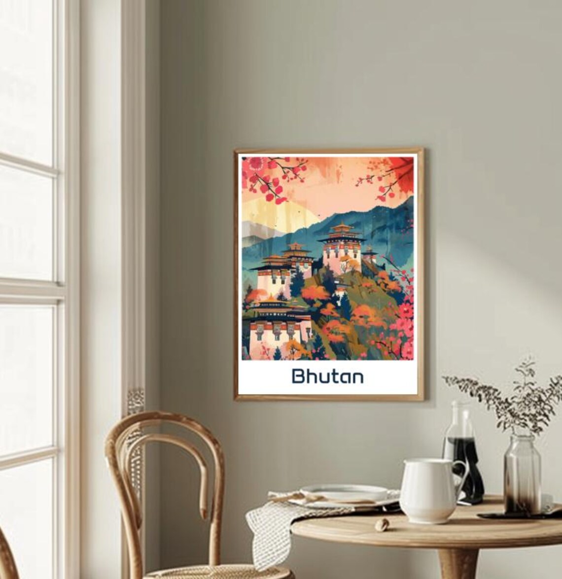 Bhutan Himalayan Monastery Autumn Blossom Vintage Travel Poster - Image 2