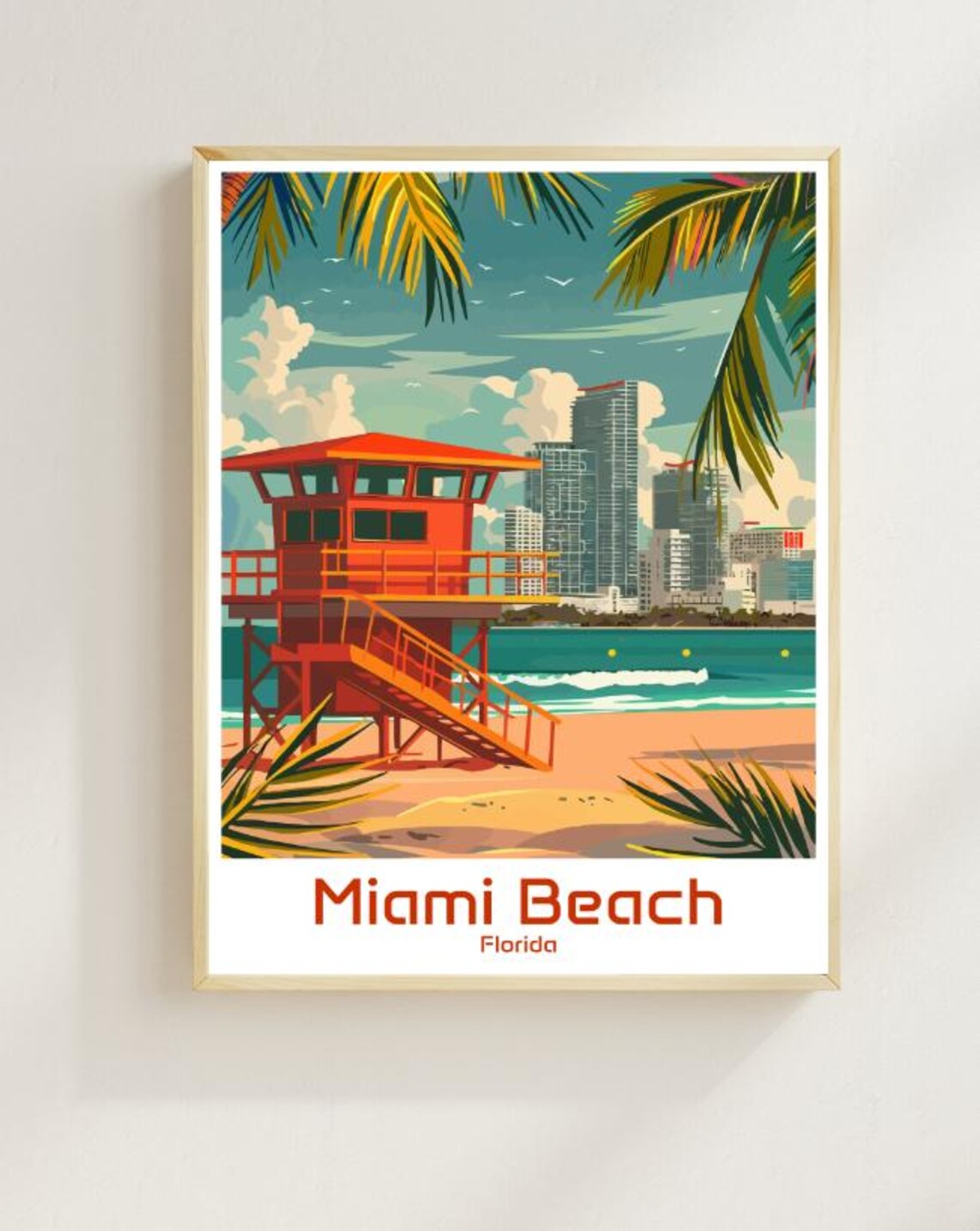 Miami Beach Florida Lifeguard Tower Skyline Vintage Travel Poster