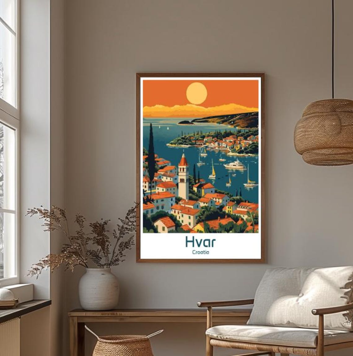 Hvar Croatia Sunset Harbor Town Bell Tower Golden View Poster - Image 4