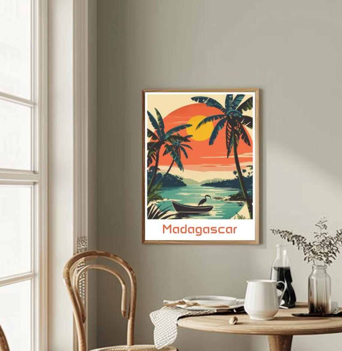 Serene Madagascar Tropical Sunset Beach With Palms And Canoe Print - Image 2
