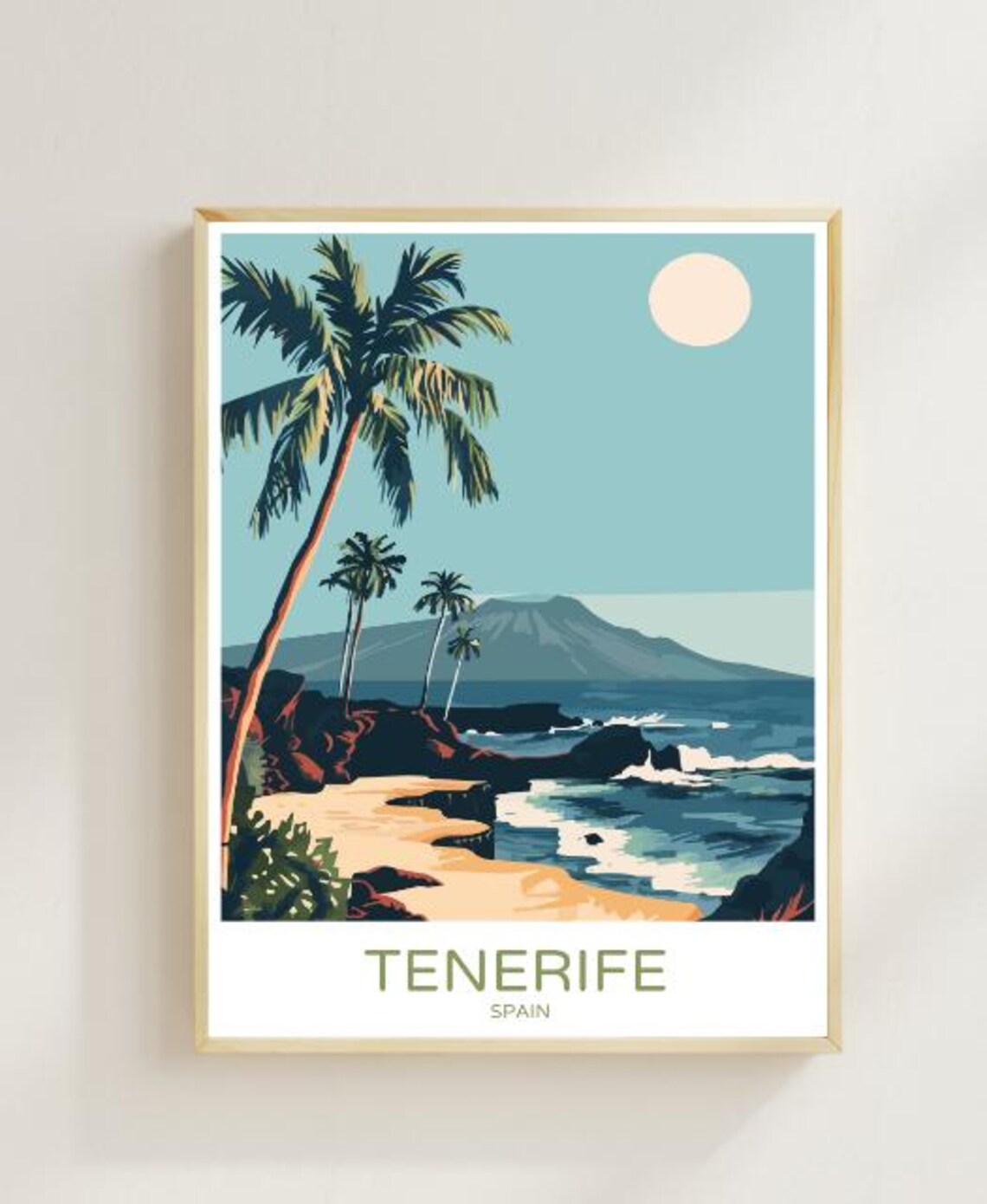 Tenerife Spain Tropical Beach Poster With Palm Trees Volcano Sunset