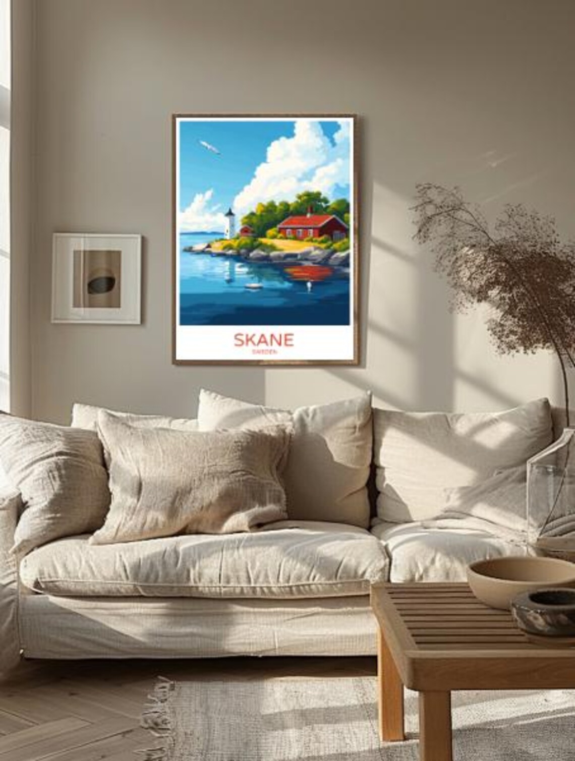 Skane Sweden Lighthouse With Red Cottage on Rocky Shores Poster - Image 3