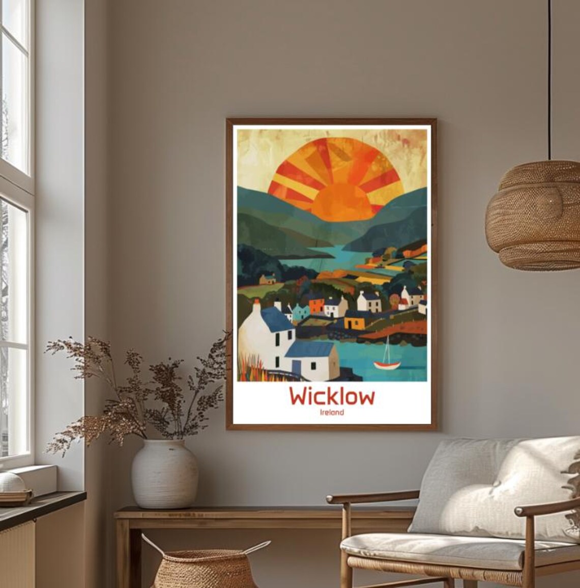 Wicklow Ireland Coastal Village Cottages Under Striped Sun Poster - Image 4