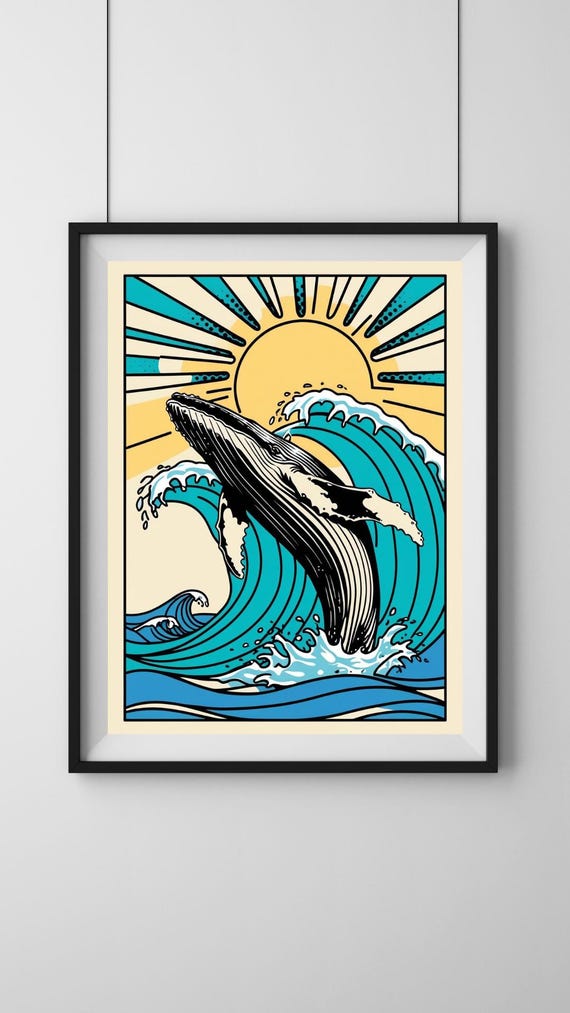 Whale Breaching In The Waves Retro Art Print