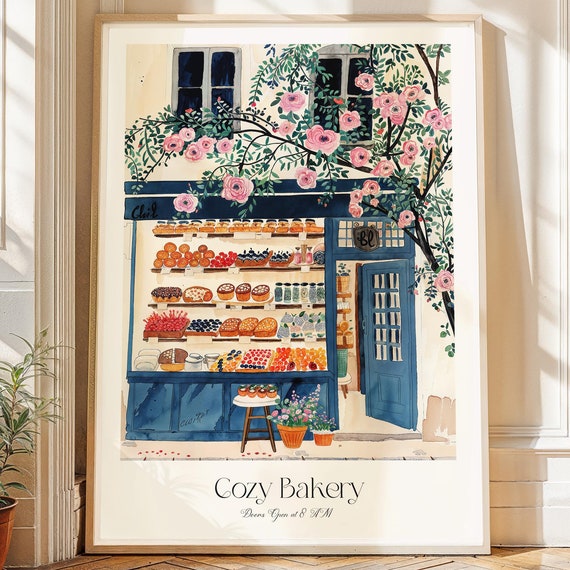 Cozy Bakery Watercolor Art Print, Parisian Kitchen Decor