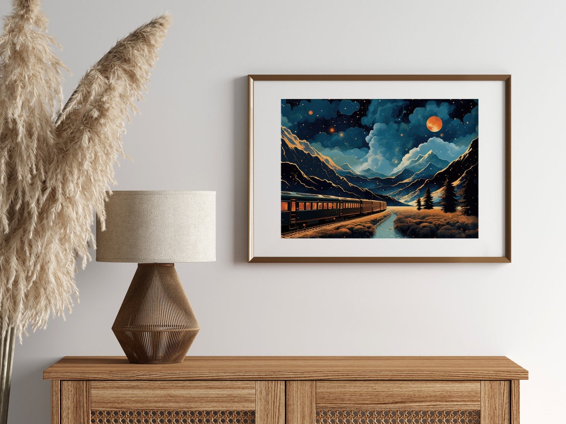 Glowing Night Train Journey Through Moonlit Mountains Pop Art Poster - Image 5