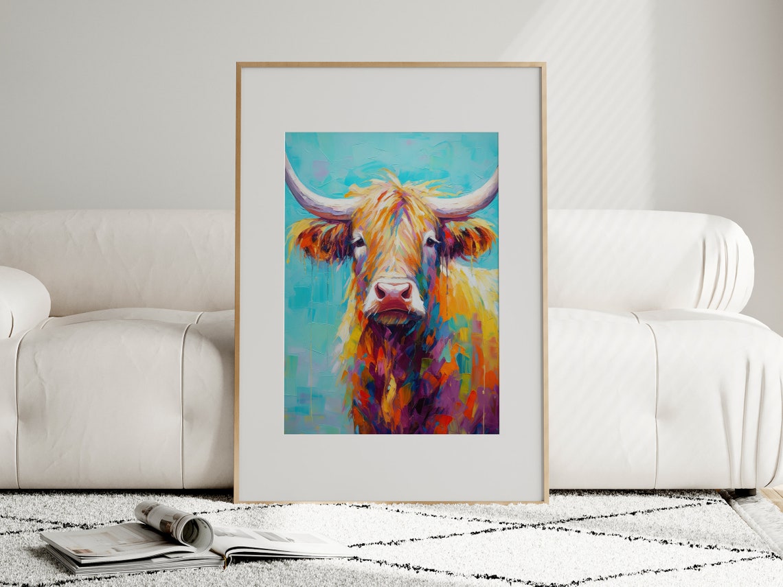 Colorful Shaggy Highland Cow on Vivid Turquoise Impasto Poster - Image 3
