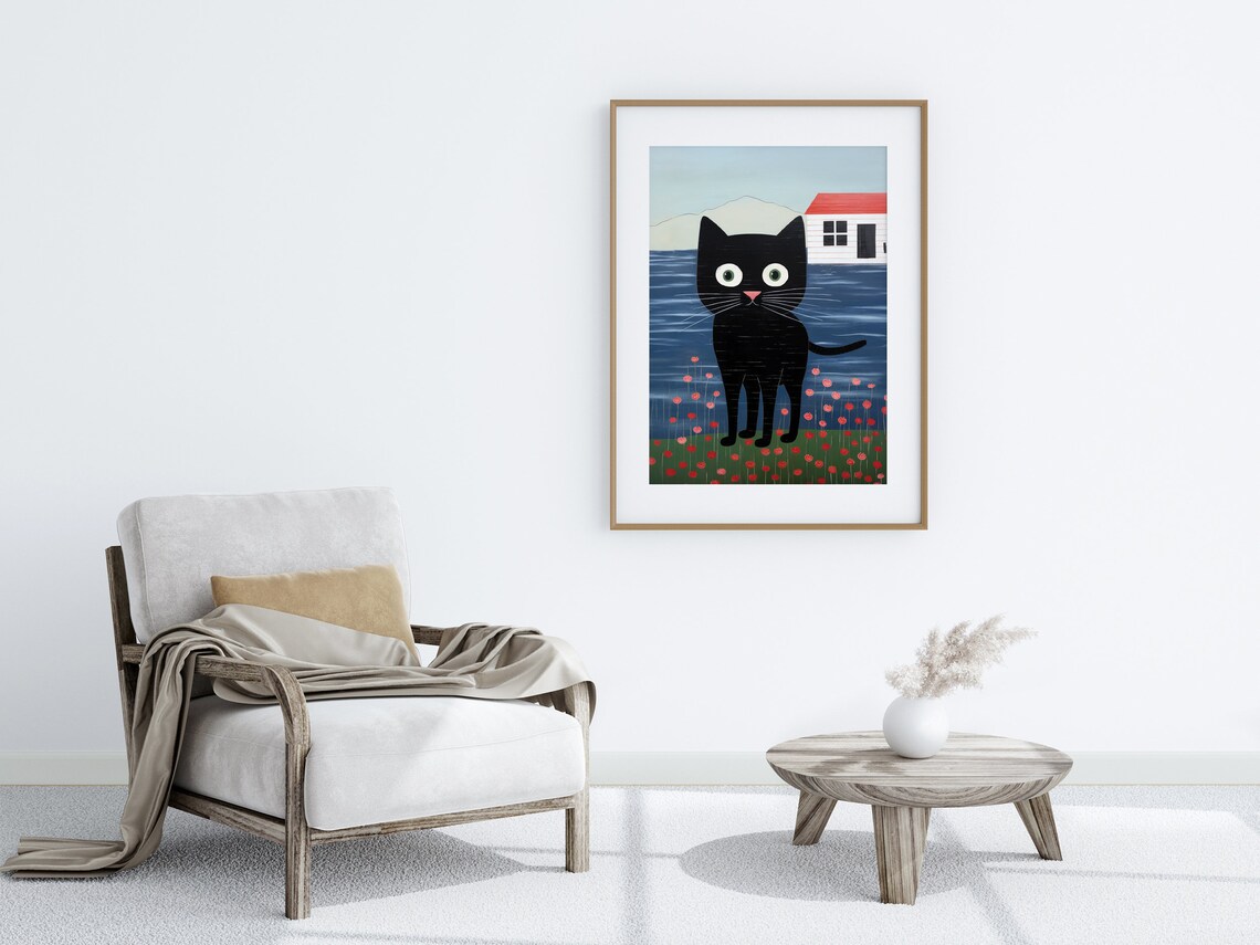 Whimsical Black Cat with Pink Nose Charming Naive Art Poster - Image 4