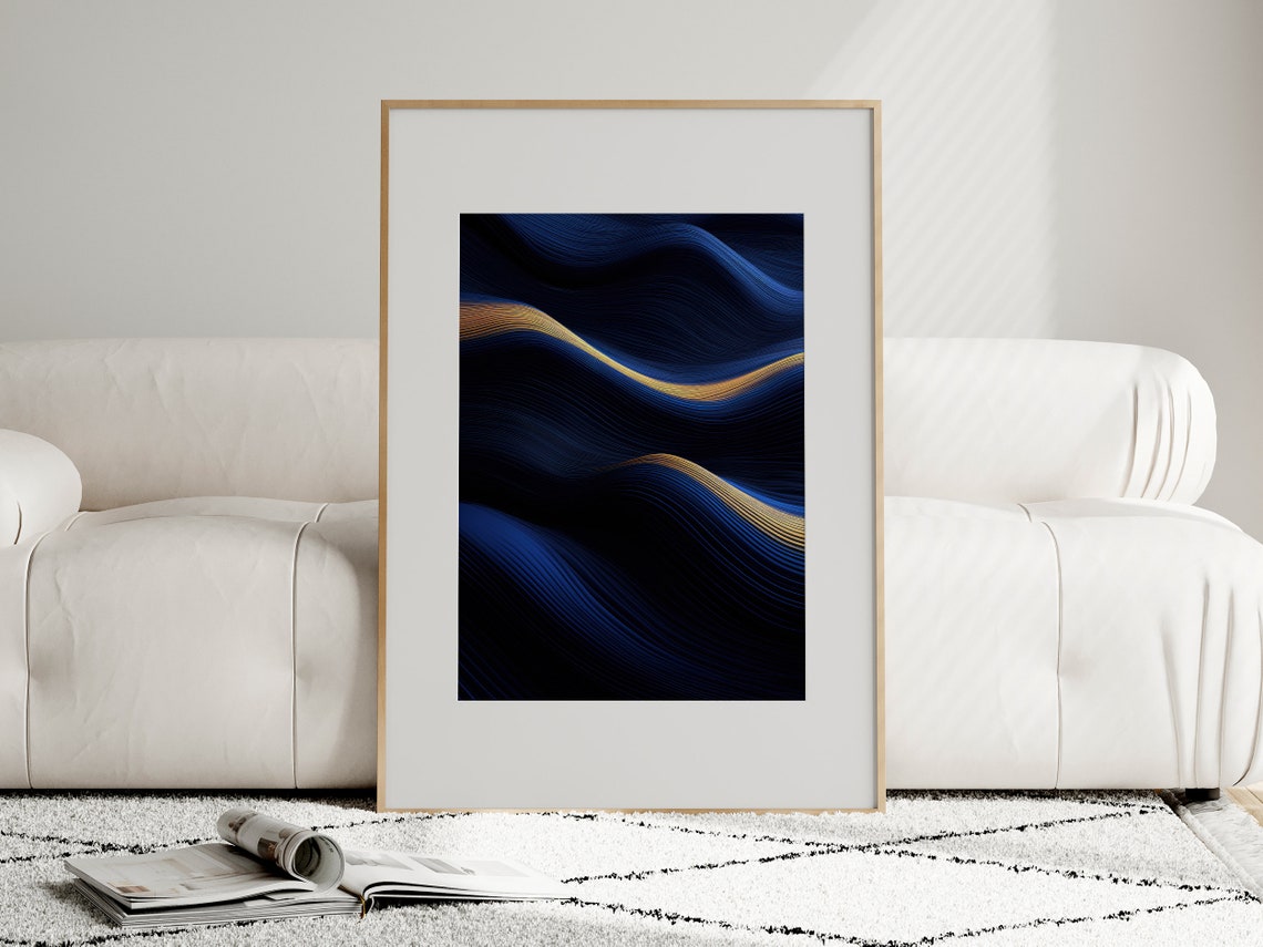 Midnight Navy Flowing Waves with Luminous Gold Lines Abstract Poster - Image 3
